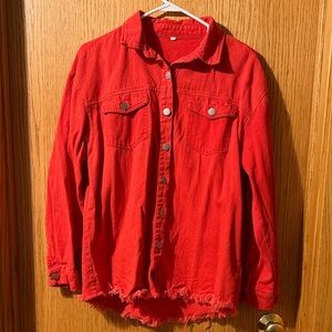Red Button-Front Frayed Hem Jacket